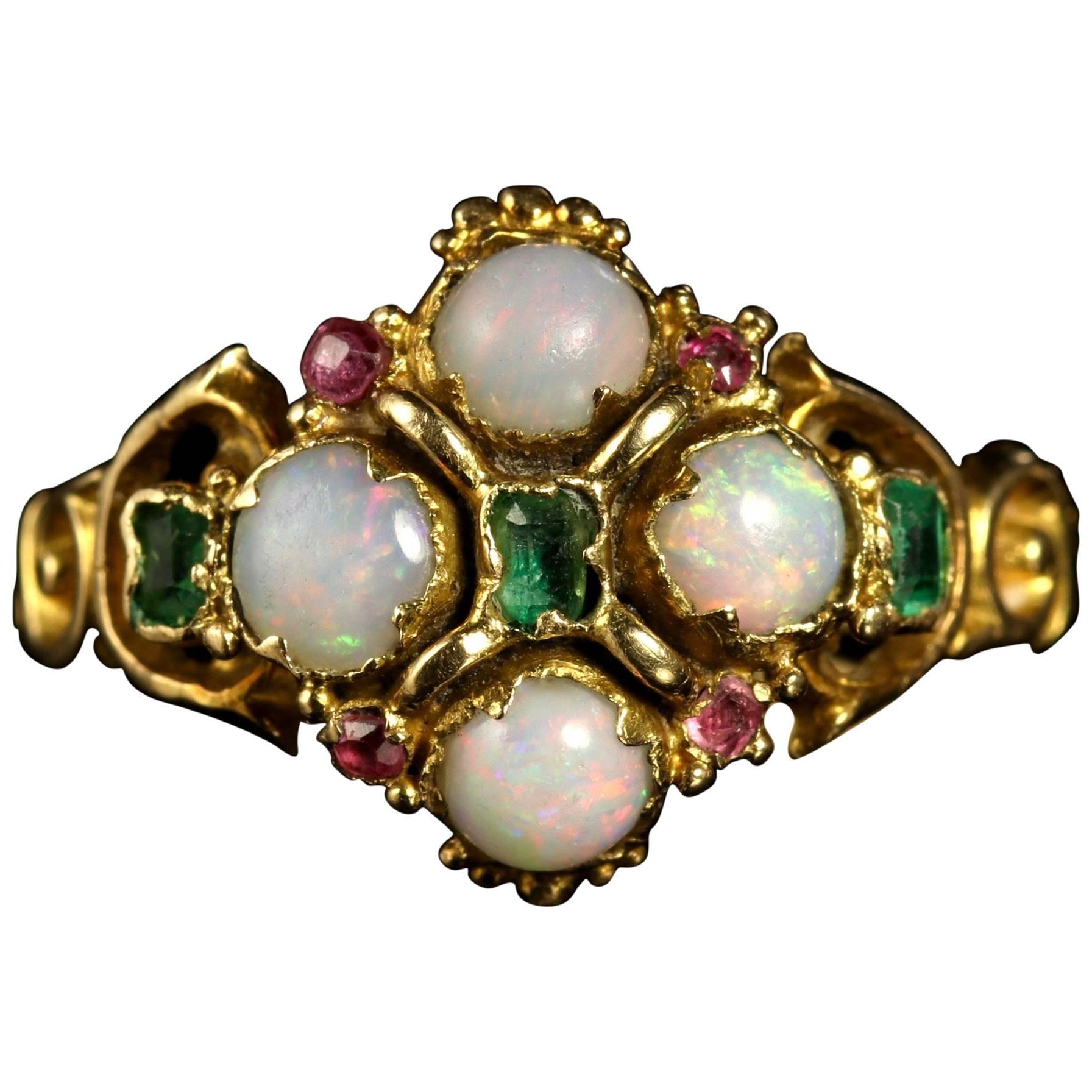 Antique Georgian Opal Emerald Ruby 18 Carat Gold Ring, circa 1790