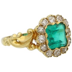 Colombian Emerald and Old Cut Diamond Square Cluster Ring, circa 1890