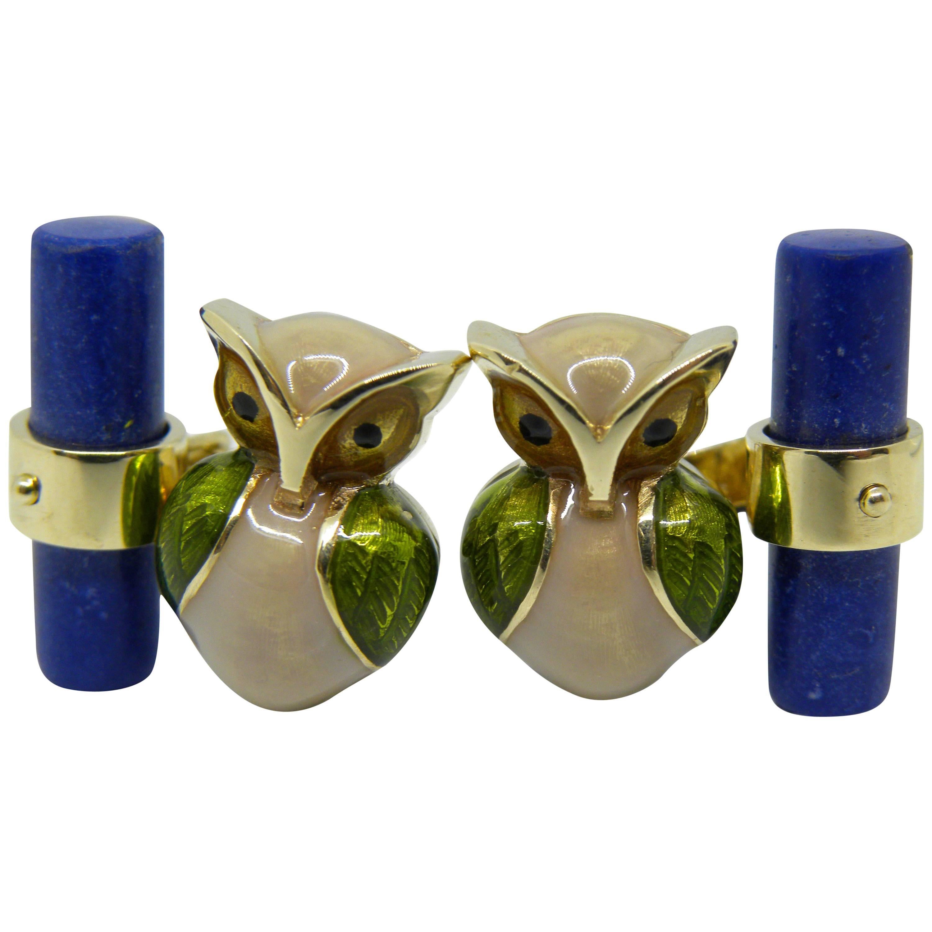 Hand Enameled Little Owl Shaped Lapis Stick Back Yellow Gold Cufflinks