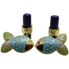 Hand Enamelled Little Fish Shaped Lapis Stick Back Yellow Gold Cufflinks