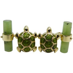 Hand Enamelled Little Turtle Shaped Jade Stick Back Yellow Gold Cufflinks