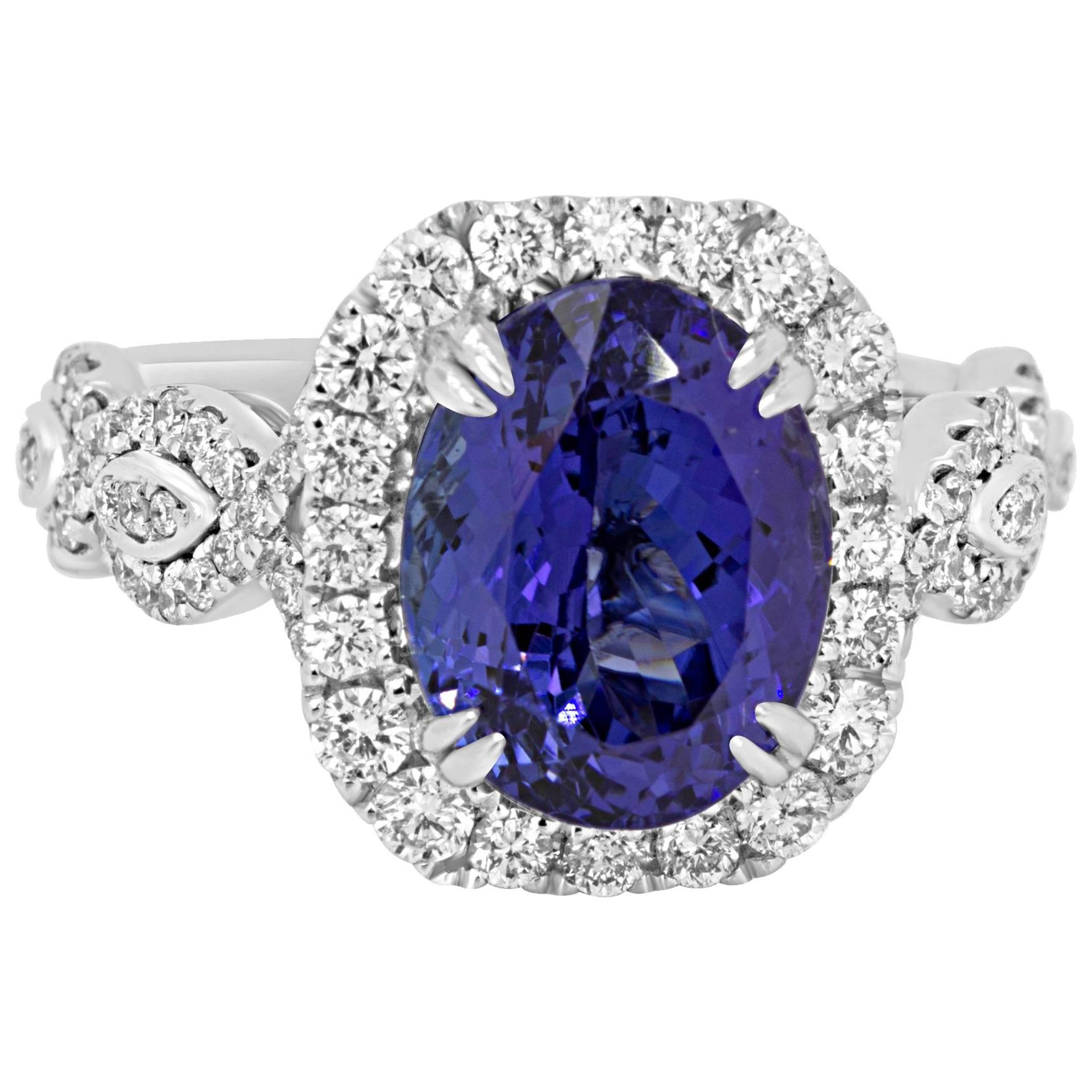 Tanzanite Cushion Diamond Round Halo White Gold Bridal Fashion Cocktail Ring