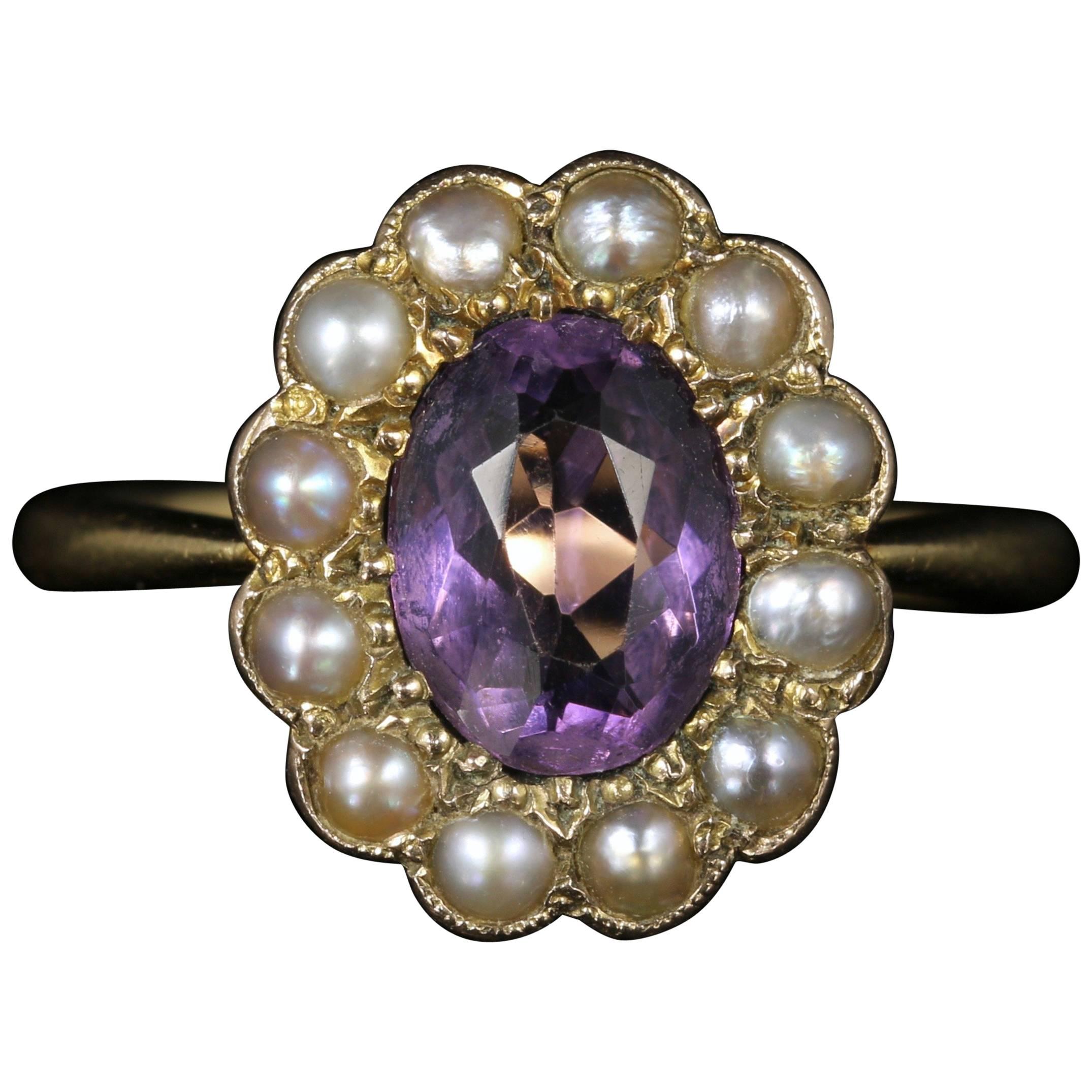 Antique Victorian Amethyst Pearl Cluster Ring 18 Carat Gold