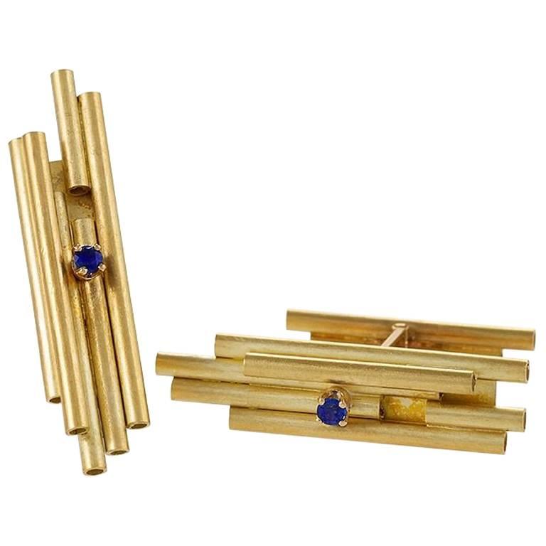 Assetto Italian Mid-20th Century Sapphire and Gold Modernist Cufflinks