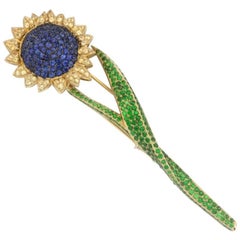 Vintage Cellini Sapphire Tsavorite Gold Sunflower Brooch Pin