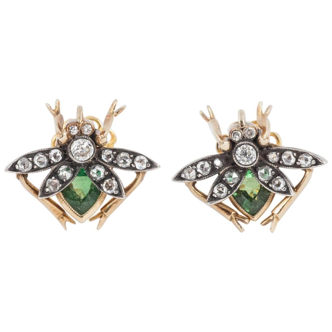 Modern Diamond and Peridot Bug Earrings For Sale