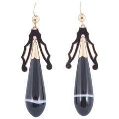 Antique Victorian Enamel and Banded Agate Drop Earrings