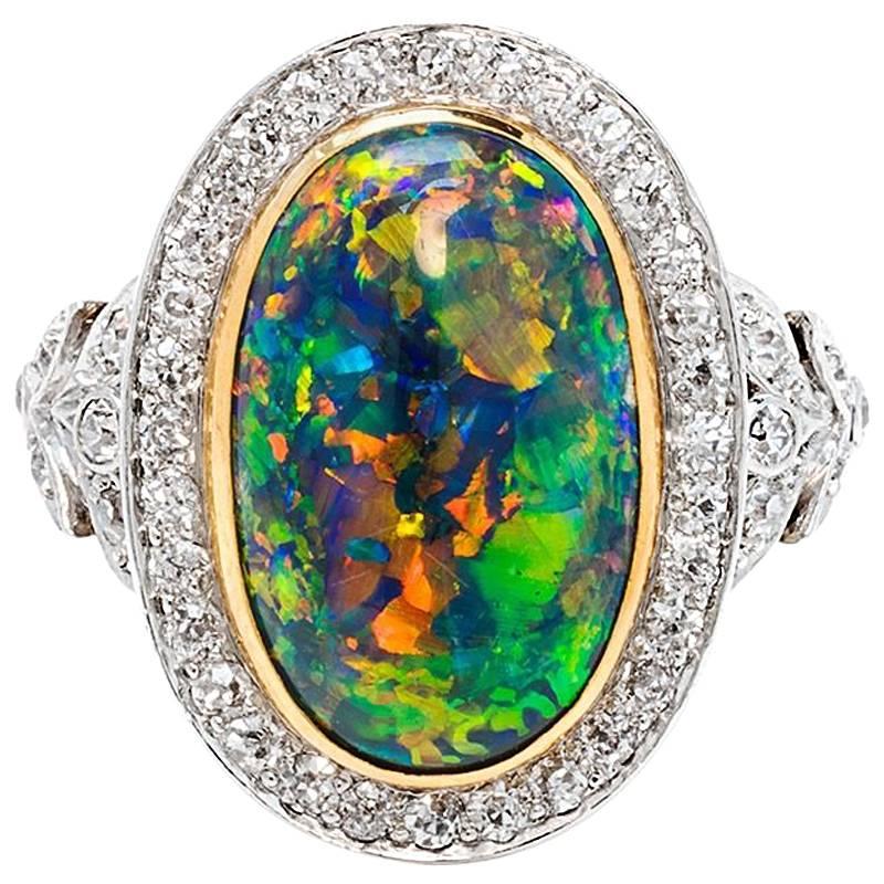 Marcus & Co. Edwardian Opal Diamond Platinum and Gold Cluster Ring