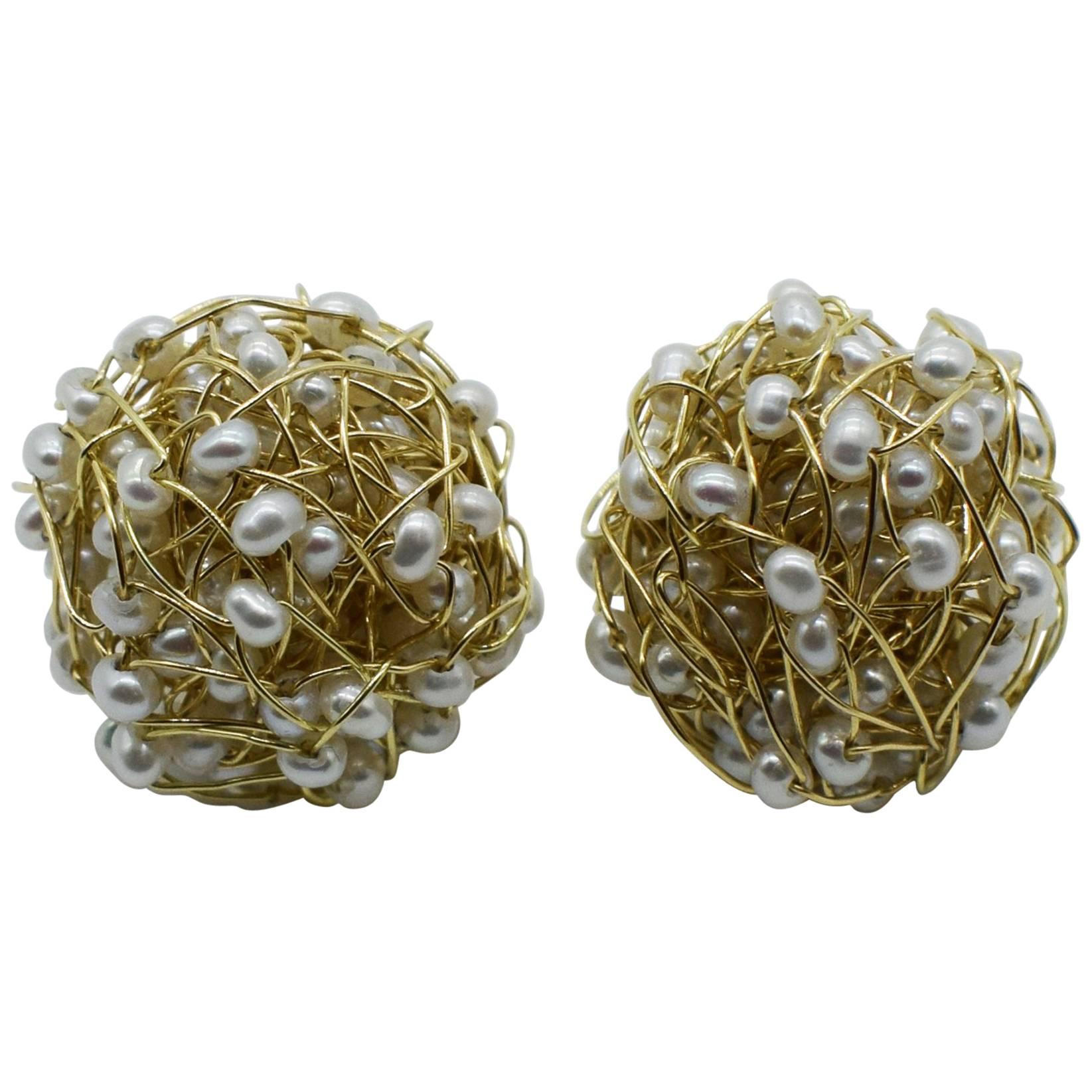Kayo Saito 18 Karat Gold Pearl Cluster Stud Earrings, Mist Collection For Sale