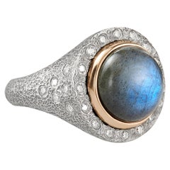 Rona Fisher Labradorite Dome Rose Gold White Diamond Hammered Silver Ring