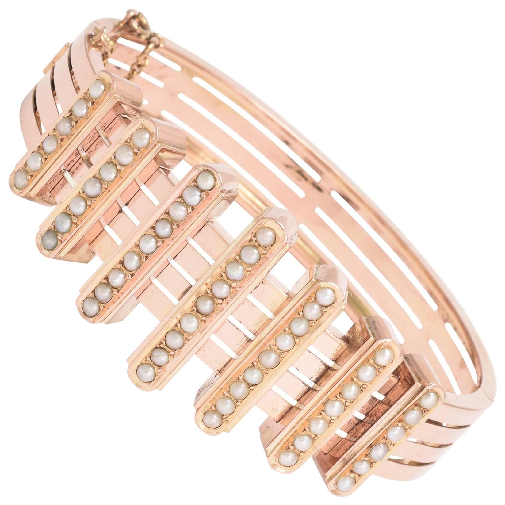 19th Century French Rose Gold Pearl Bar Bracelet