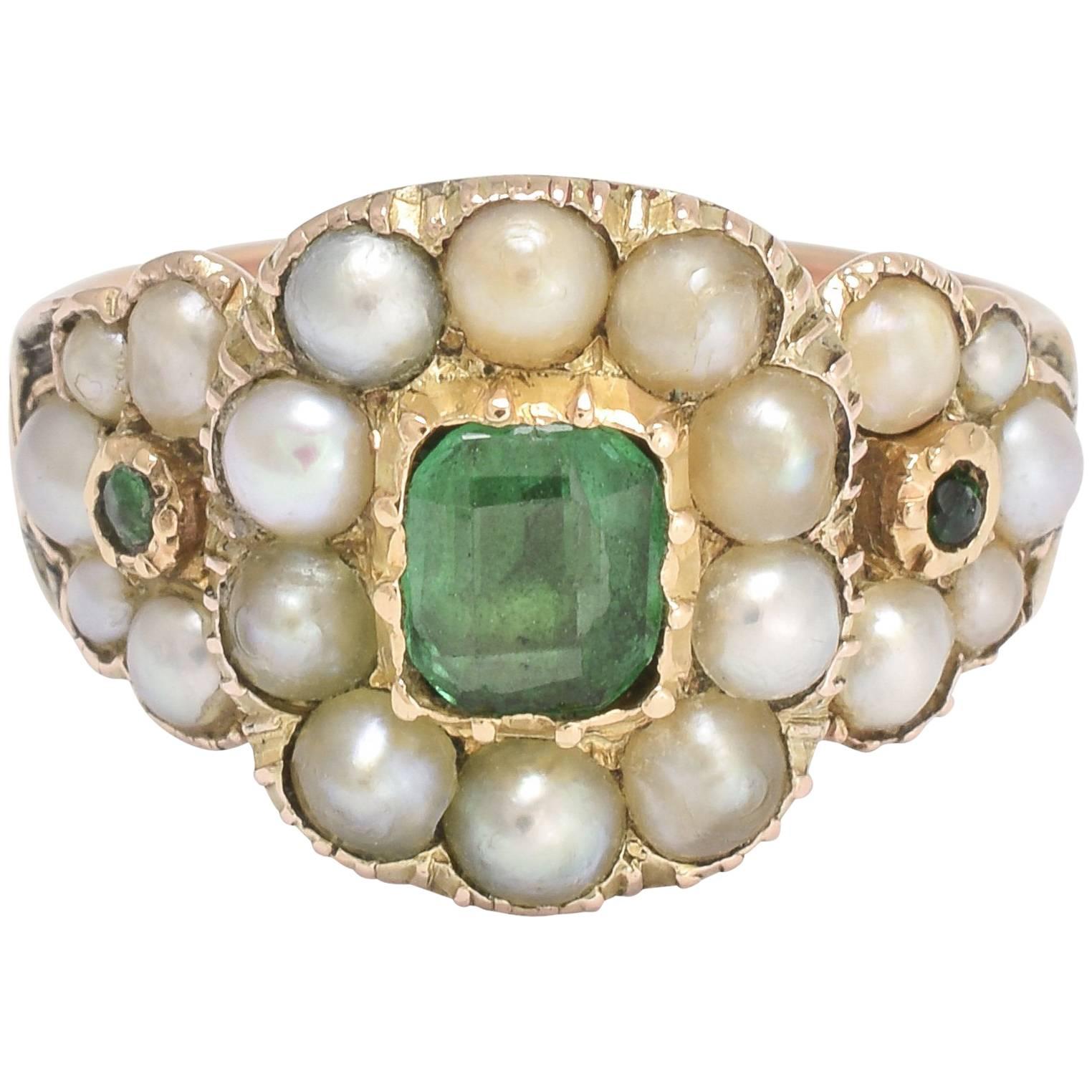 Georgian Emerald and Pearl Cluster Ring For Sale