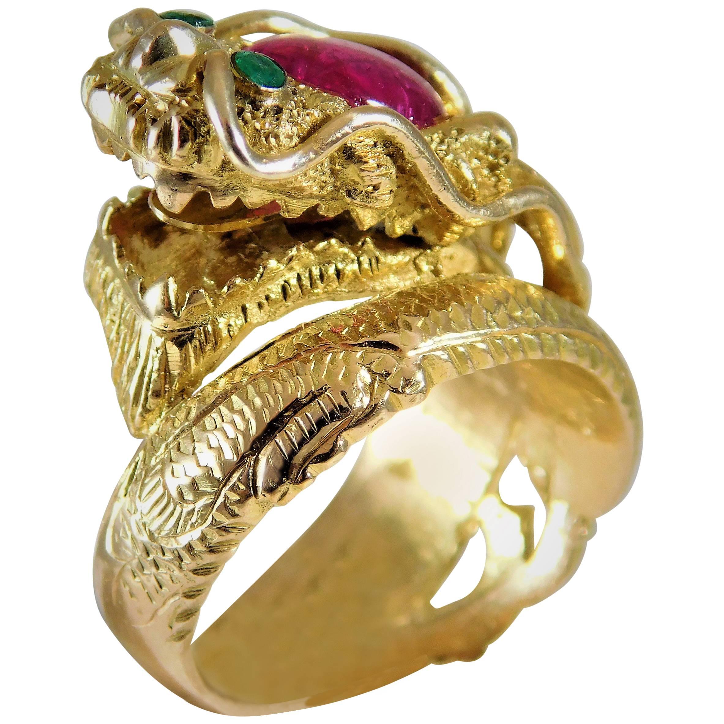 Handcrafted 14 Karat Gold Ruby and Emerald Serpentine Dragon Ring