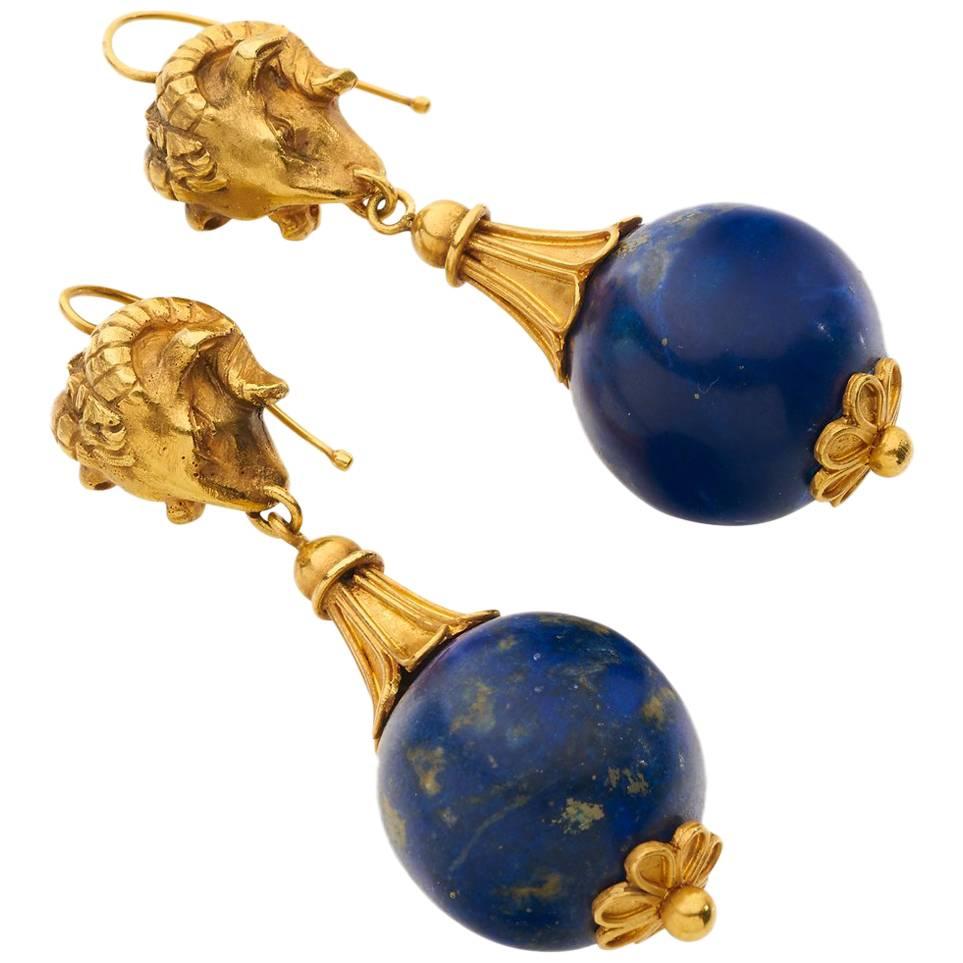 18 Carat Yellow Gold Lapis Victorian Ram's Head Earrings