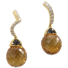 Boon Citrine Ball White Black Diamond Yellow Gold Earrings