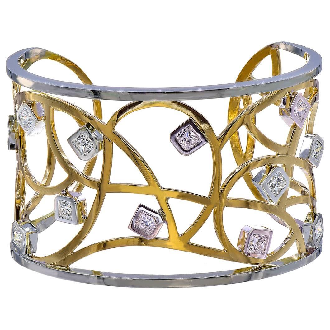 Handmade Yellow and White Gold Cuff Bracelet with Princess Diamonds For Sale