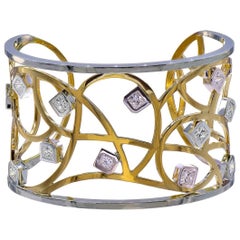 Handmade Yellow and White Gold Cuff Bracelet with Princess Diamonds