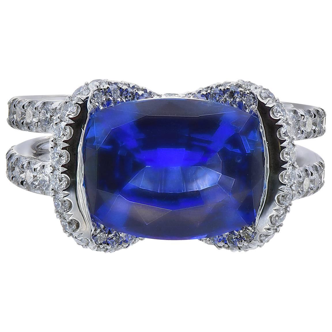 Handmade Cushion Sapphire Ring in White Gold, Set with Diamonds For Sale