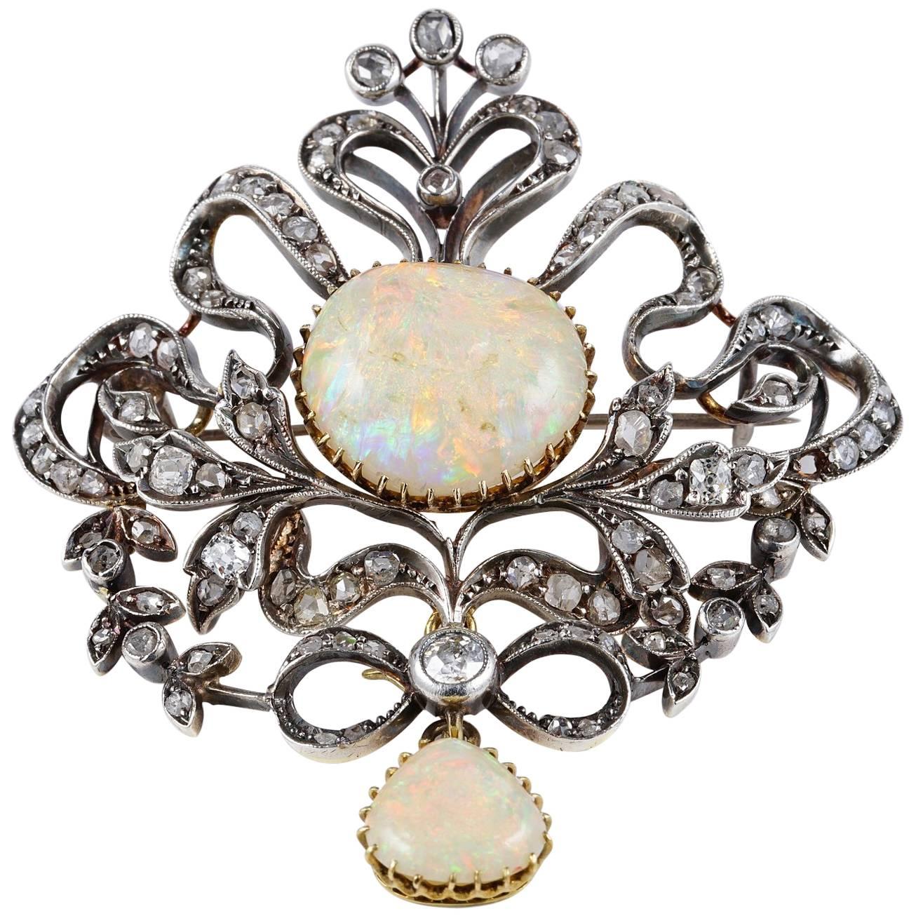 Victorian 20.0 Carat Australian Opal 3.80 Carat Diamond Rare Brooch Pendant For Sale