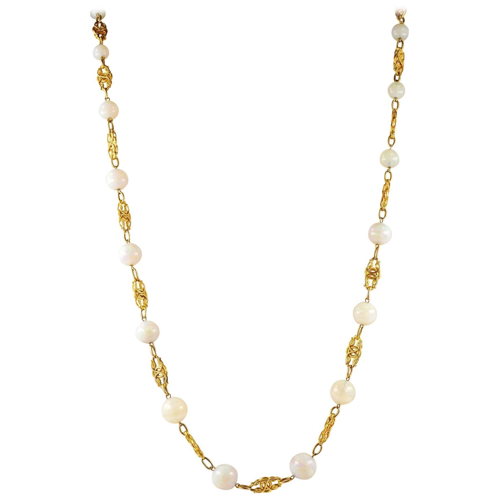 Art Nouveau Opal Beads Gold Necklace For Sale