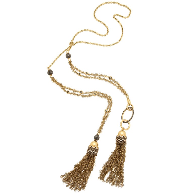1990s Lariat Detachable Gold Tassel, Fringe Design Long Chain Diamond