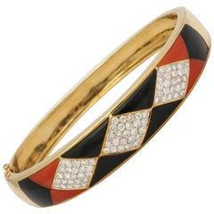 1970s Horizontal Marquise Cut Onyx, Diamond and Coral Custom Cut Bangle Bracelet