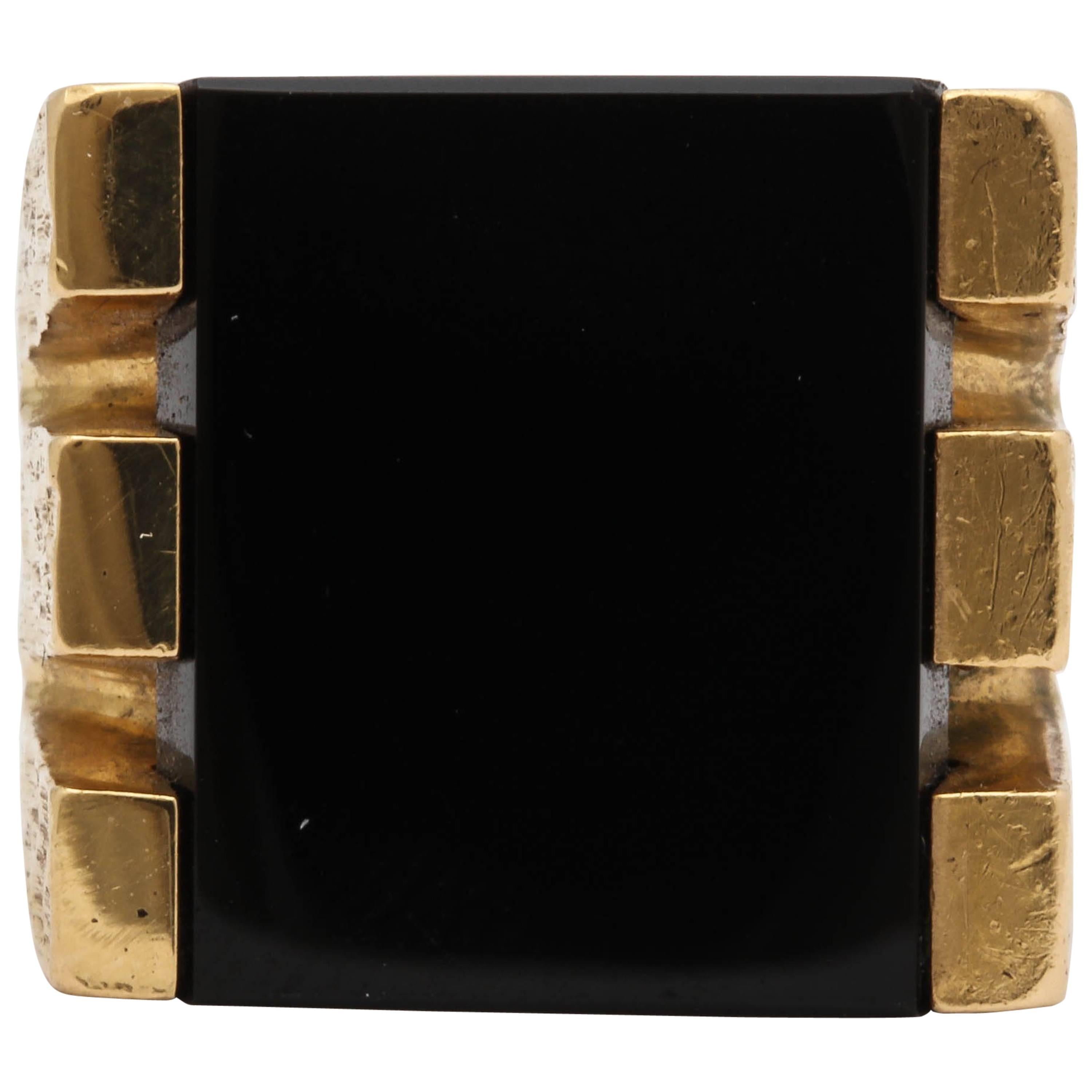1970s Square Large Onyx and Bold Gold Unisex Ring