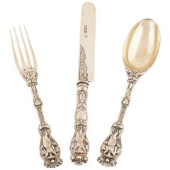 Antique English Silver Gilt Knife Fork and Spoon by Hunt & Roskell, 1897
