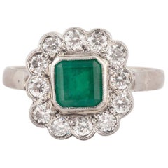 English Emerald and Diamond 18k Gold Cluster Ring, Mid 20th Century