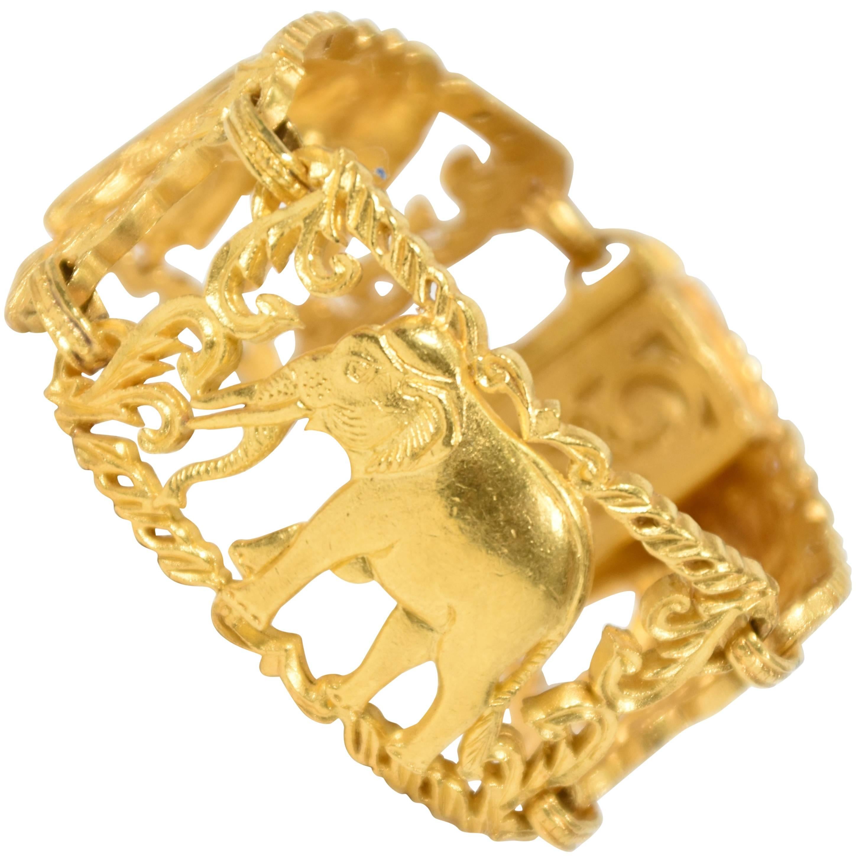 Cartier-Style 23 Carat Yellow Gold Cuff Bracelet of Elephants