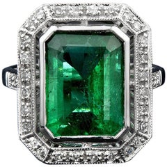 Certified 6.401 Carat Zambian Emerald Diamond 18 Karat White Gold Cocktail Ring