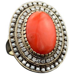 Coral Pearl Diamond 14 Karat Gold Cocktail Ring