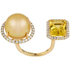 Nadine Aysoy 18 Karat Yellow Gold Yellow Beryl and Pearl Diamond Cocktail Ring