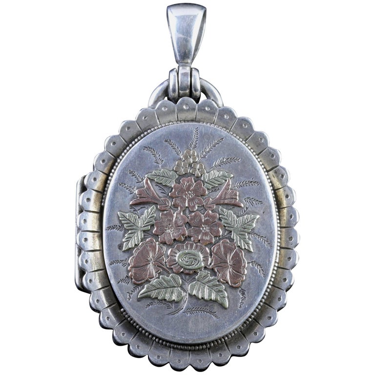 Antique Victorian Silver Gold Flower Locket, circa 1880 at 1stDibs