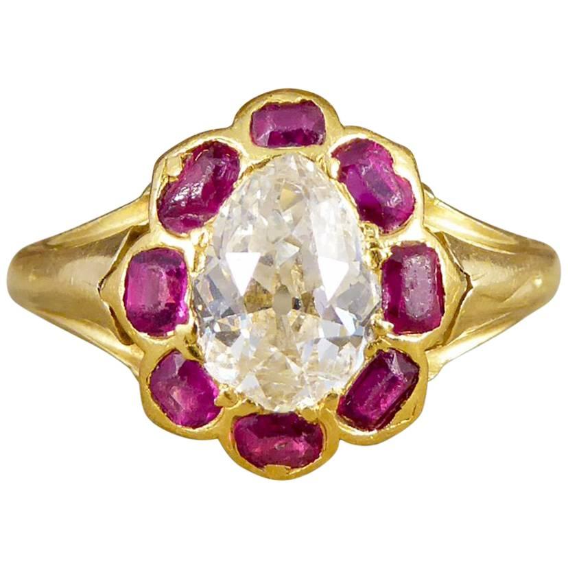 Antique Victorian Ruby and Old Pear Cut Diamond Cluster Ring in 18 Carat Gold