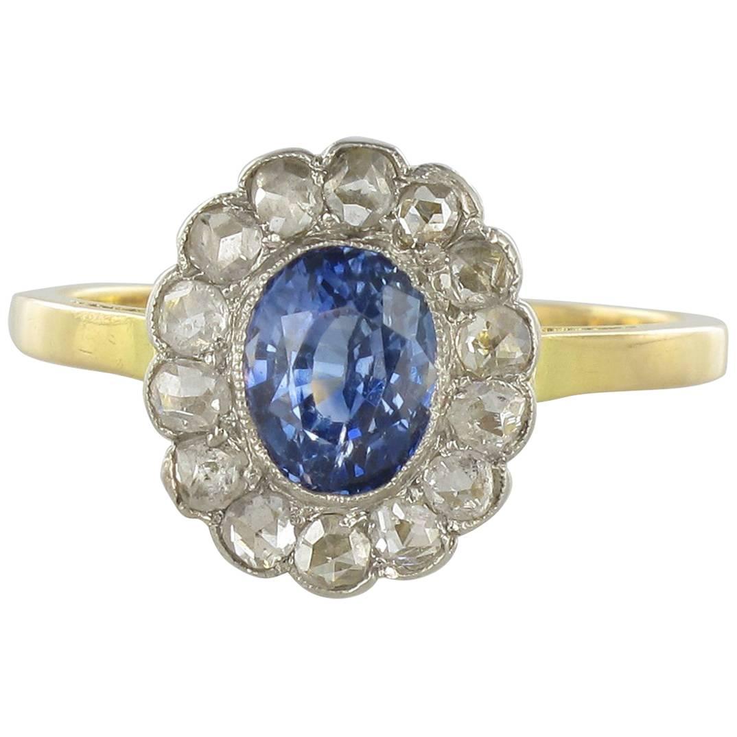 French 19th Century Sapphire Diamonds Cluster Ring