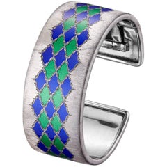 Gianmaria Buccellati Bangle Silver Green and Blue Lozenge-Shaped Enamel Motifs