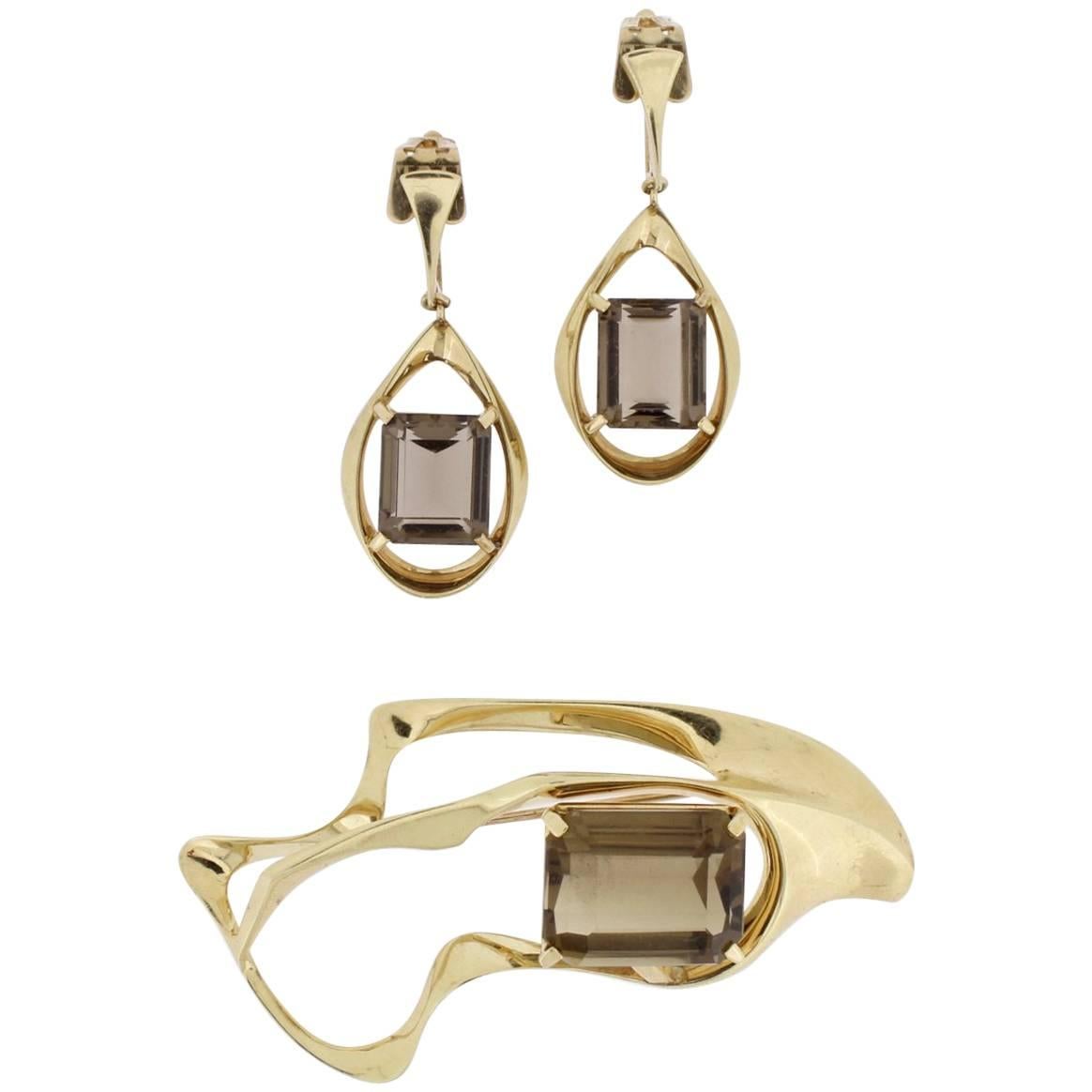 Ronald H Pearson Modernist 14 Karat Forged Gold, Topaz Earrings and Brooch Set For Sale