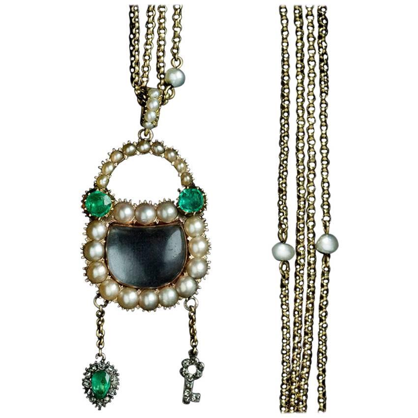 Georgian Emerald Pearl Diamond Padlock with Matching Chain For Sale