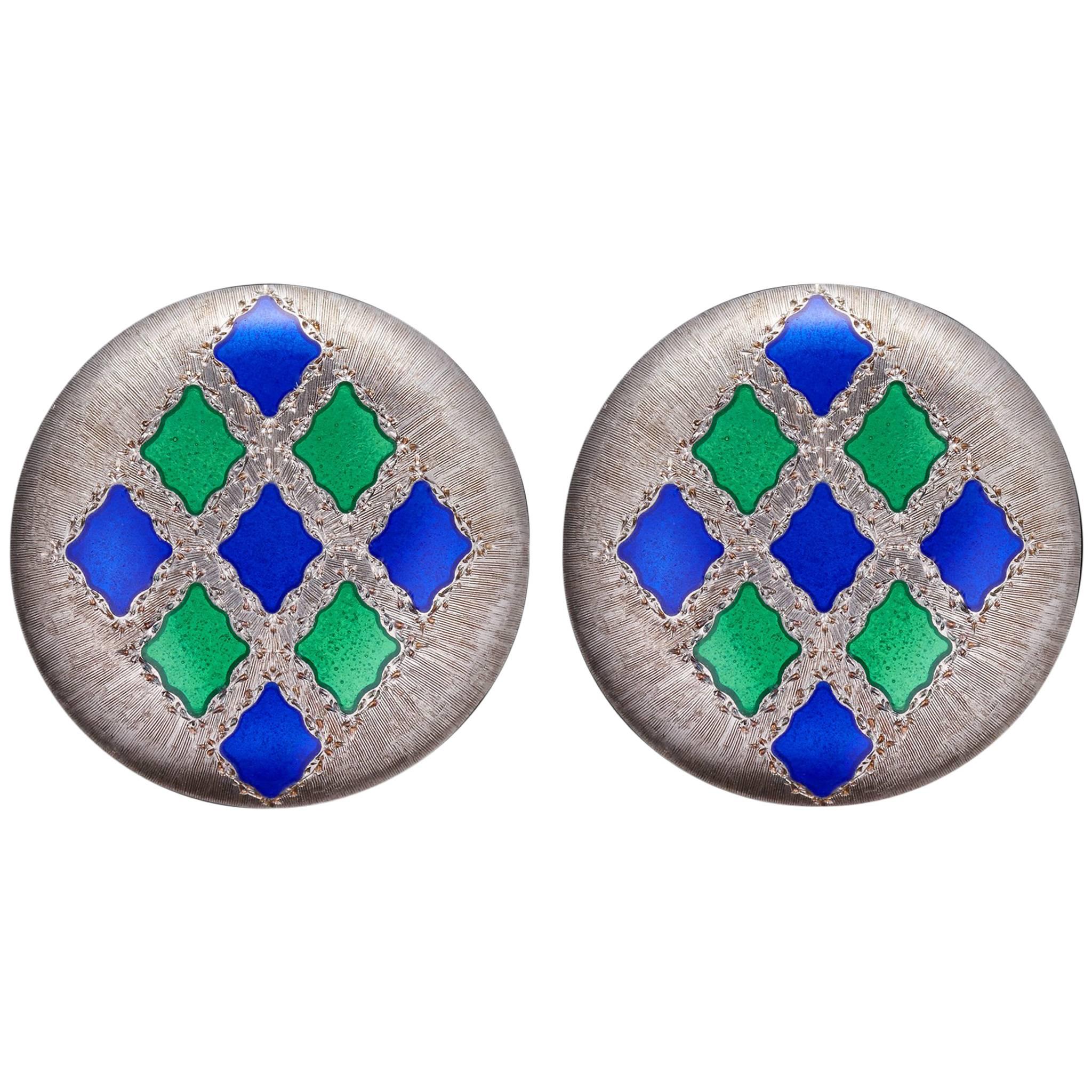 Gianmaria Buccellati Earrings Silver Gold with Blue and Green Enamel Motifs For Sale