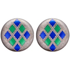 Vintage Gianmaria Buccellati Earrings Silver Gold with Blue and Green Enamel Motifs