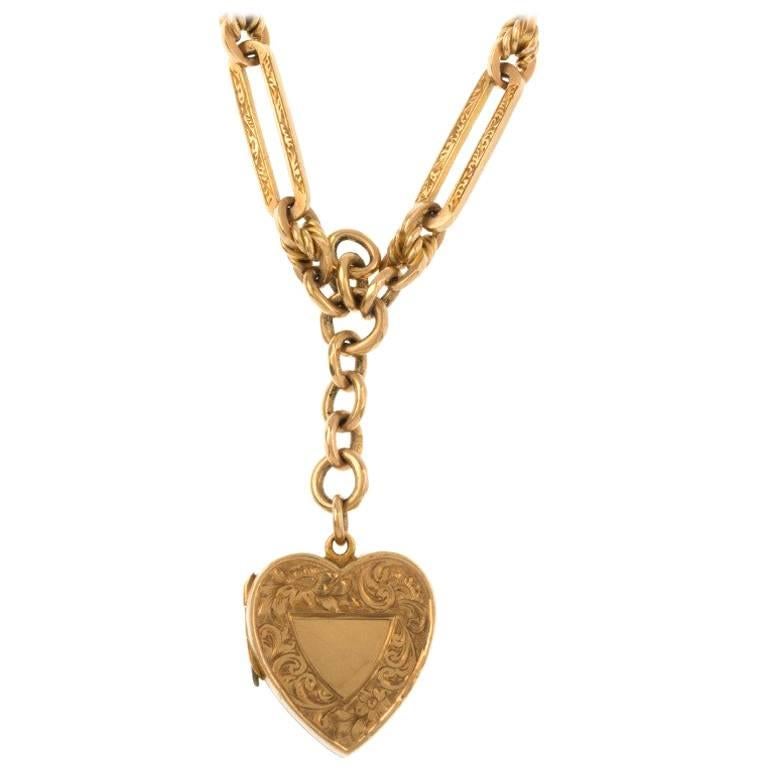 Victorian 9 Carat Yellow Gold Fancy Albert Chain with Heart Locket