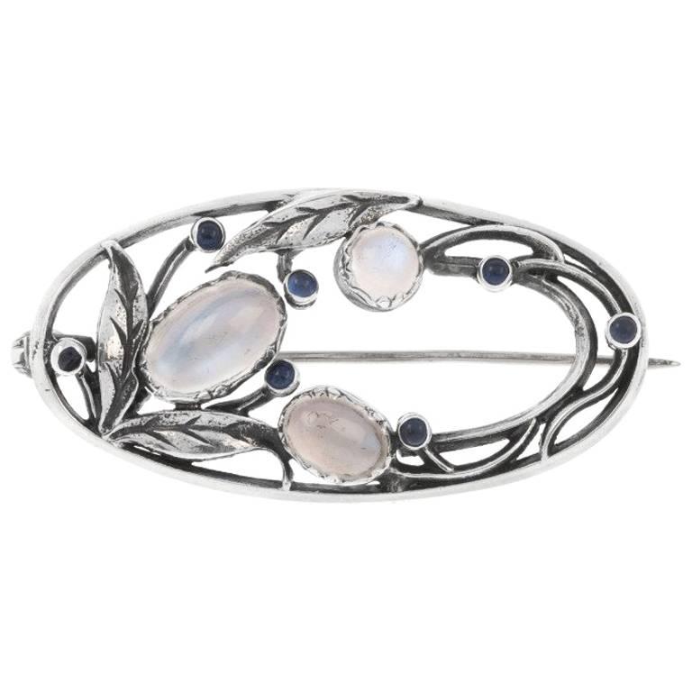 Arts and Crafts Silver Moonstone and Sapphire Brooch