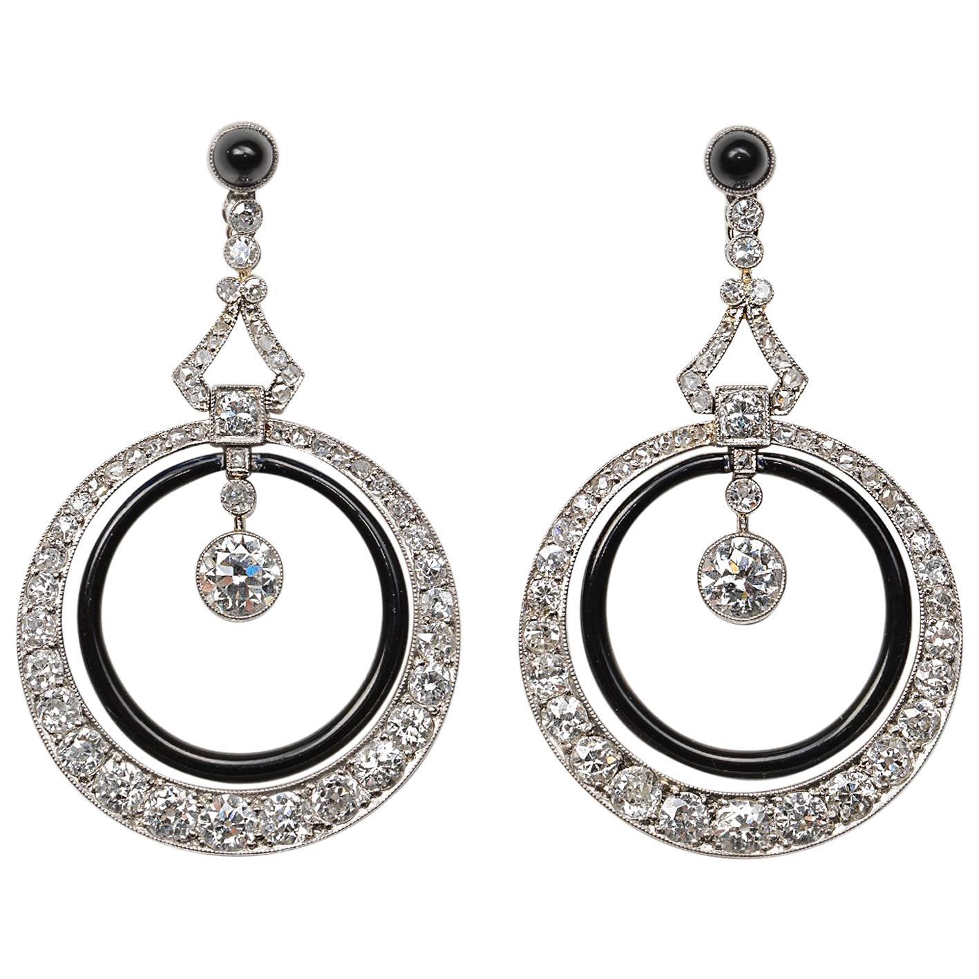 French Art Deco Platinum Diamond and Onyx Earrings