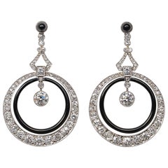 Antique French Art Deco Platinum Diamond and Onyx Earrings