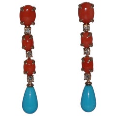 Coral, Turquoise and White Diamonds Yellow Gold Earrings