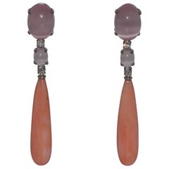 Coral, Quartz and White Diamonds on White Gold Chandelier Earrings