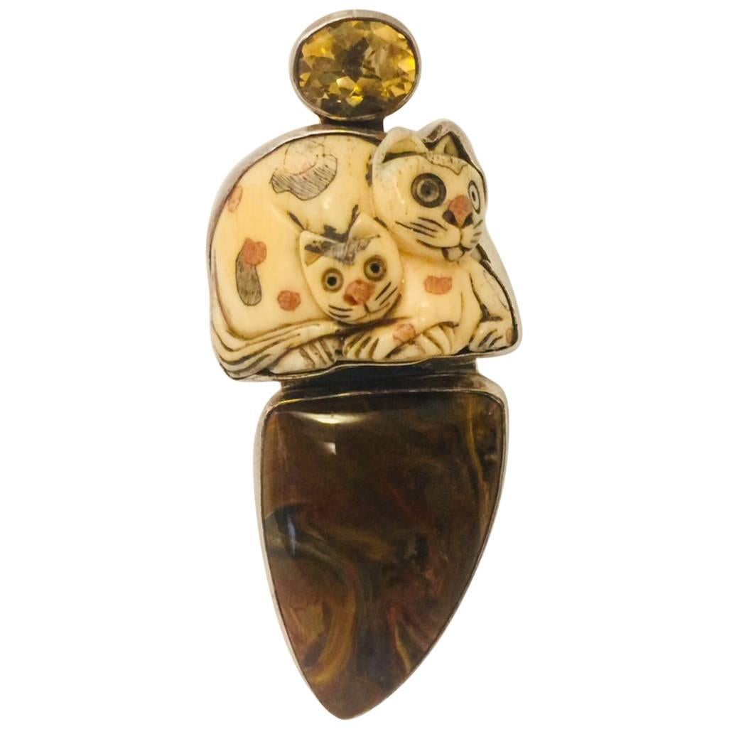 Sterling Silver Amy K. Russell Carved, Etched Bone Cats, Agate, Citrine Brooch For Sale