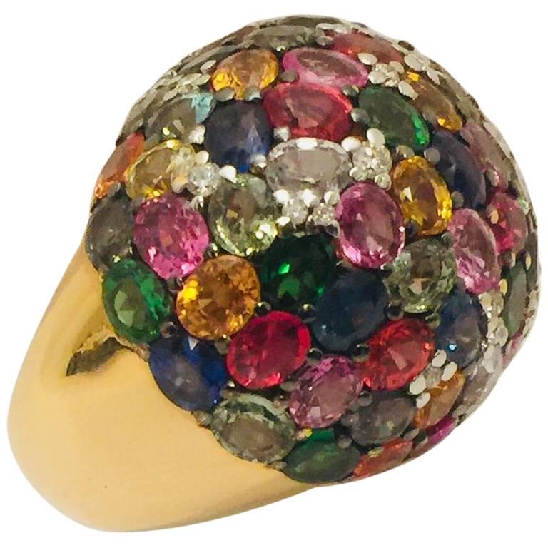 18 Karat Dramatic Dome Ring Multi-Color Sapphires and Diamonds For Sale