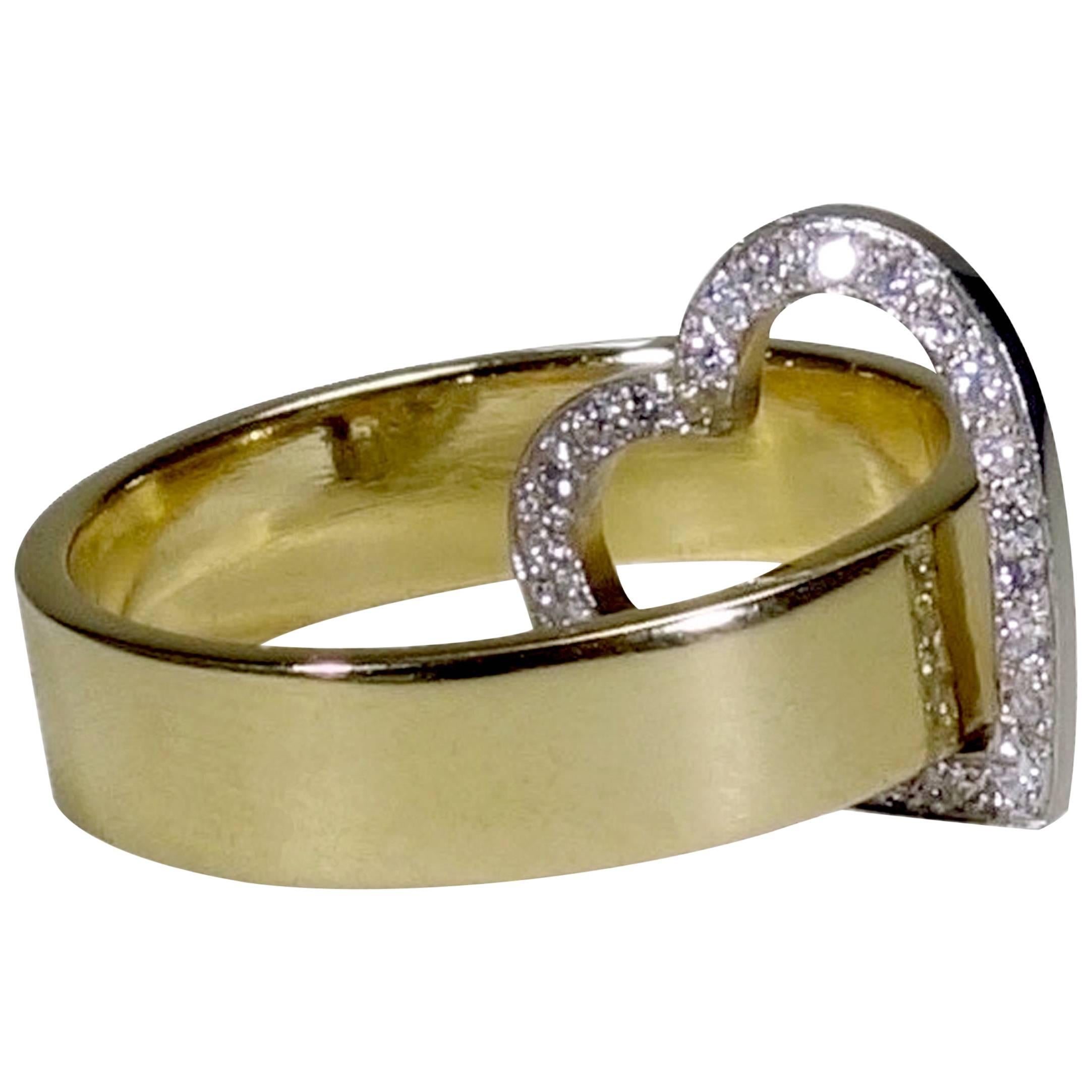 18 Karat Gold Band Ring with a Playful Movable Pave' Diamond Heart Element For Sale